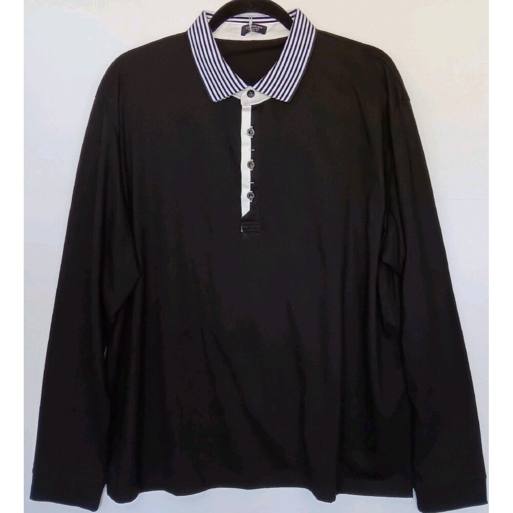 NWT COOFANDY Men's Size 2XL Black Casual Long Sleeve Polo Shirt Striped Collar